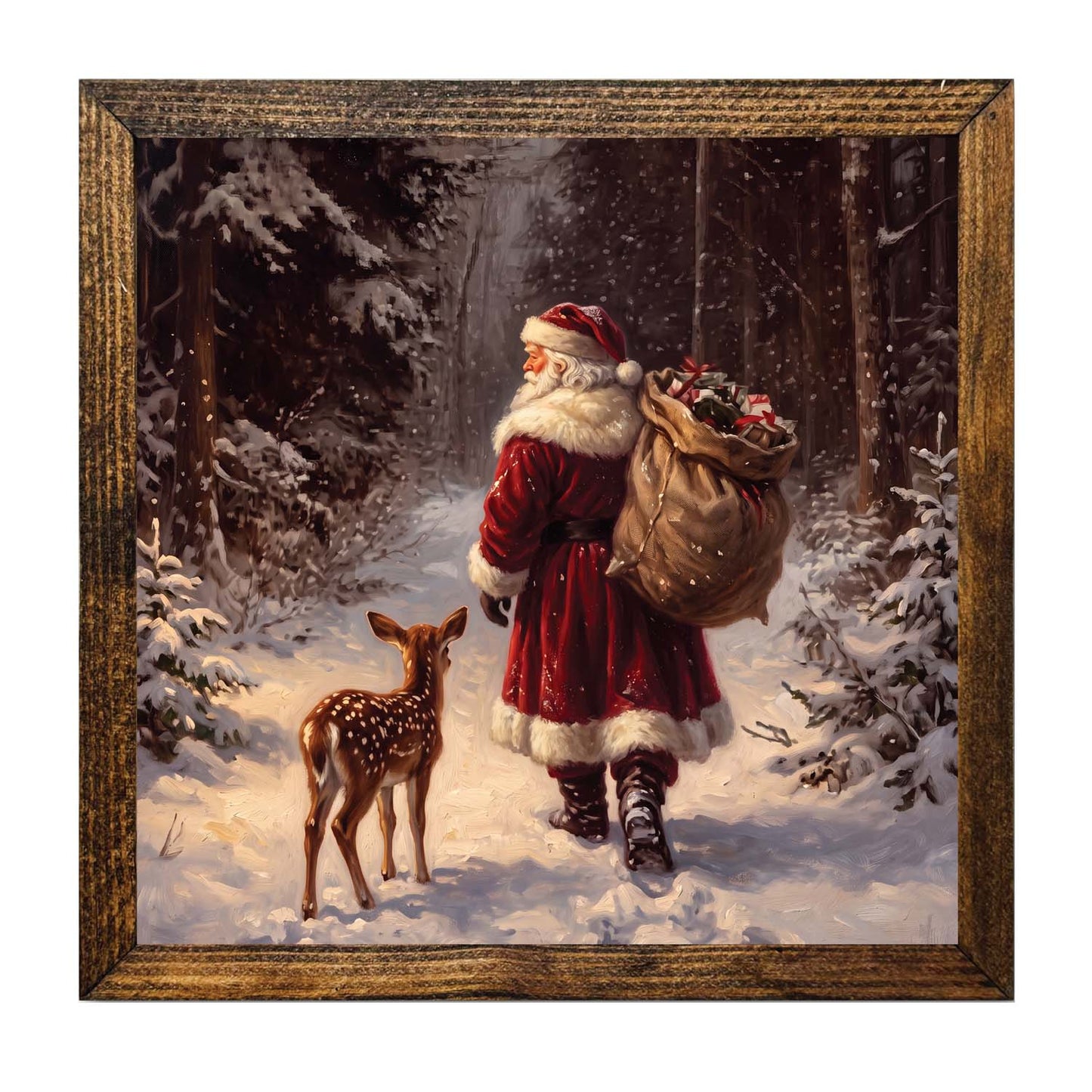 Santa Claus Wall Decor – Vintage Christmas Forest & Deer Fawn Framed Art Print