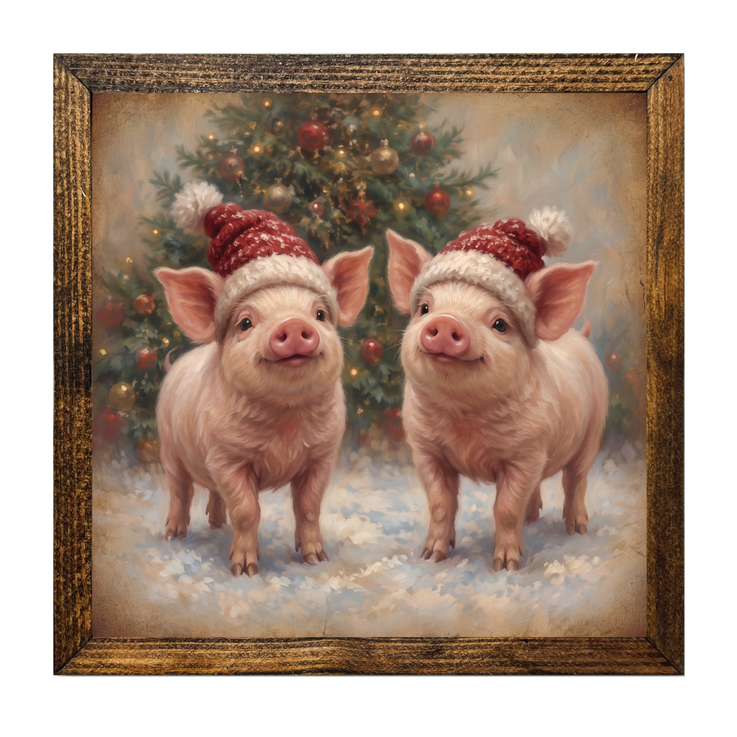 Christmas Pig Wall Decor – Festive Santa Hat Pigs & Christmas Tree Framed Art Print
