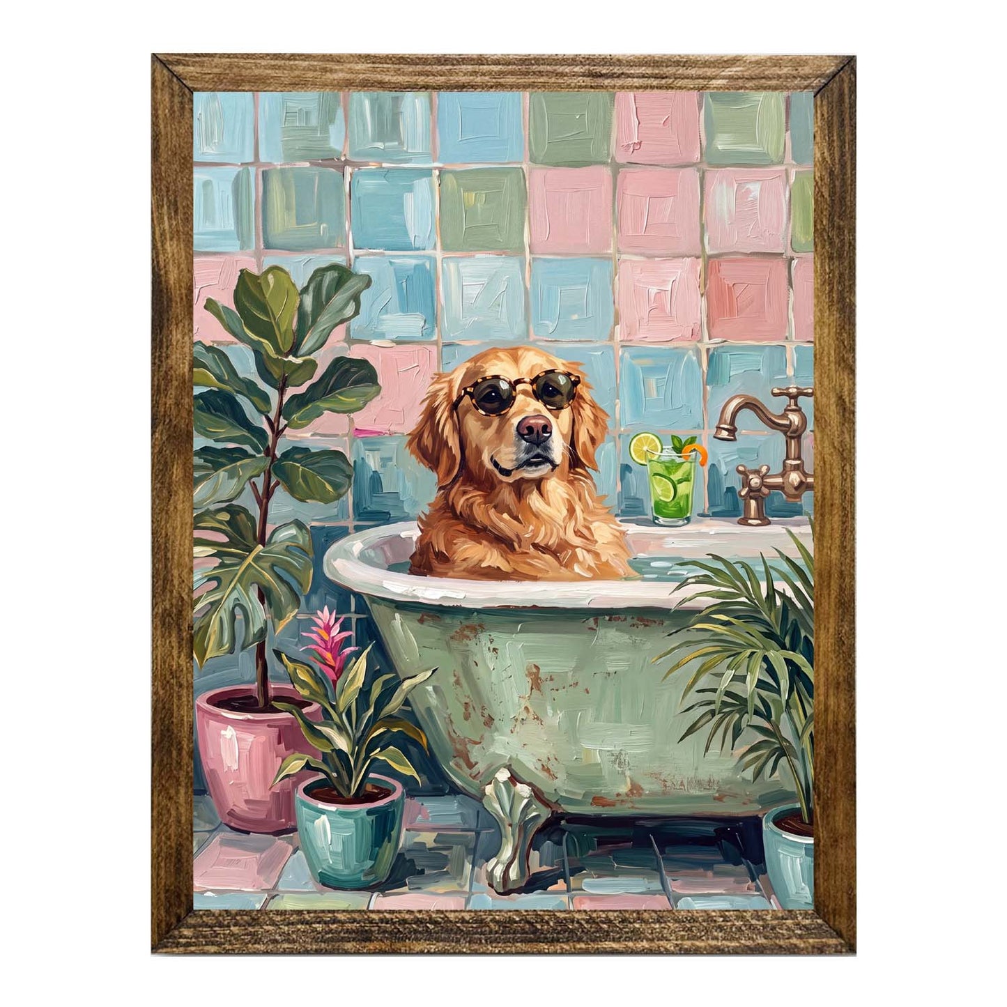 Whimsical Golden Retriever in Bathtub Wall Art Print