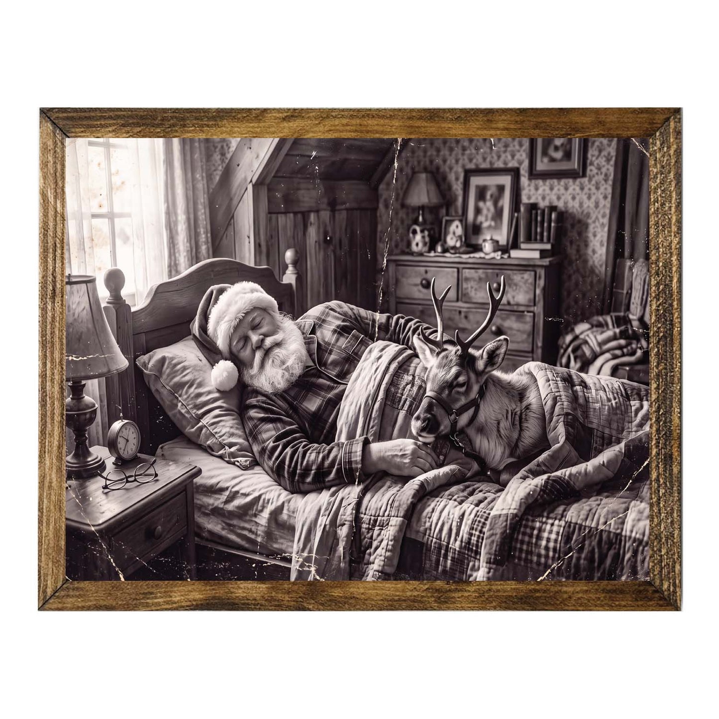 Vintage Santa & Reindeer Wall Art – Black & White Christmas Print