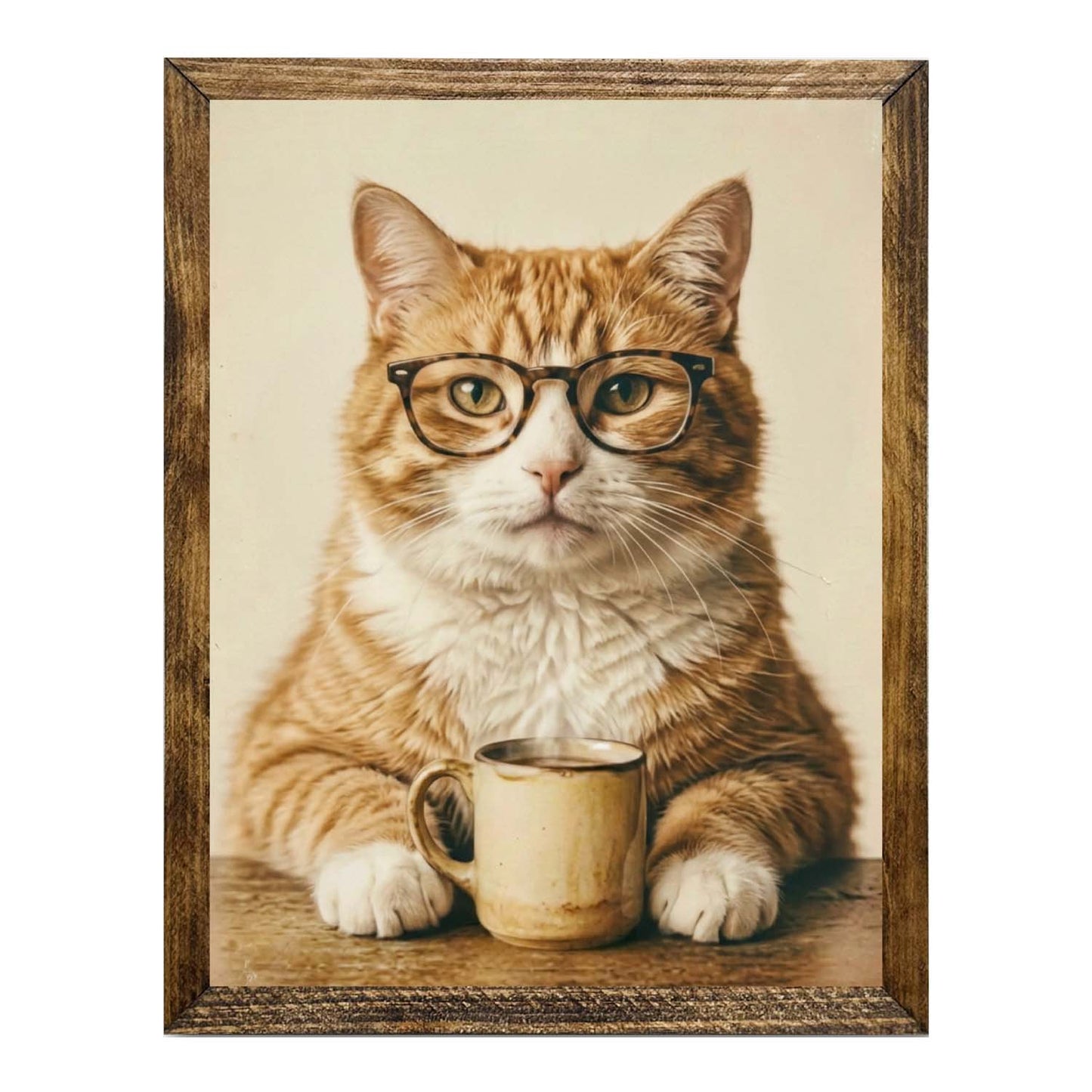 Orange Tabby Cat with Glasses & Coffee Framed Wall Artwork