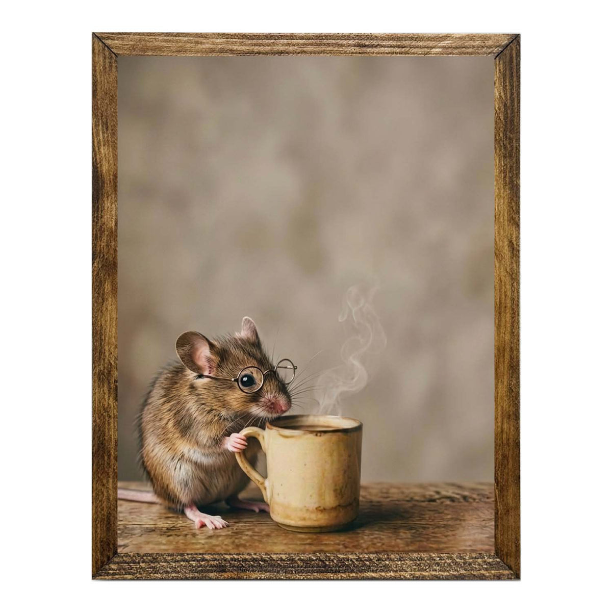 Cute Brown Mouse with Glasses & Coffee Framed Wall Artwork