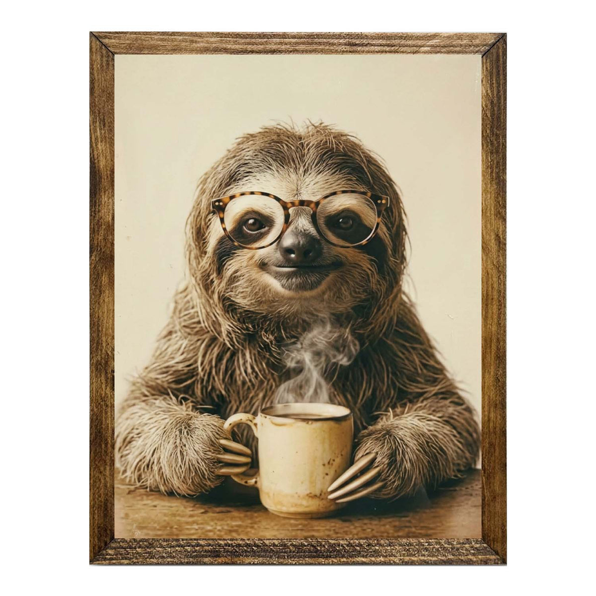 Adorable Sloth with Tortoiseshell Glasses & Coffee Framed Wall Artwork