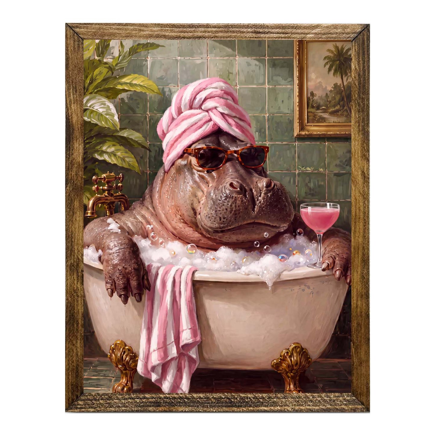 Whimsical Hippo in Clawfoot Bathtub Wall Art Print