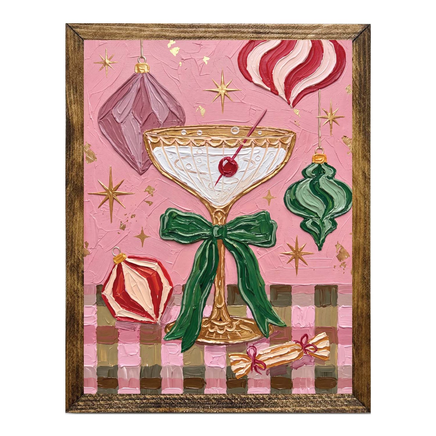 Festive Cocktail Wall Art – Pink Christmas Drink & Holiday Bow Print