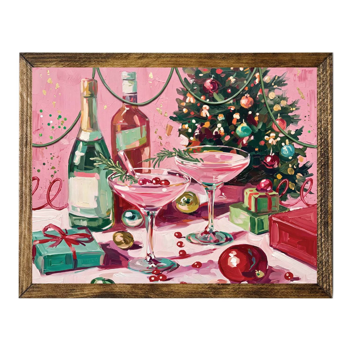 Pink Christmas Bar Cart Wall Art – Festive Holiday Cocktail Print
