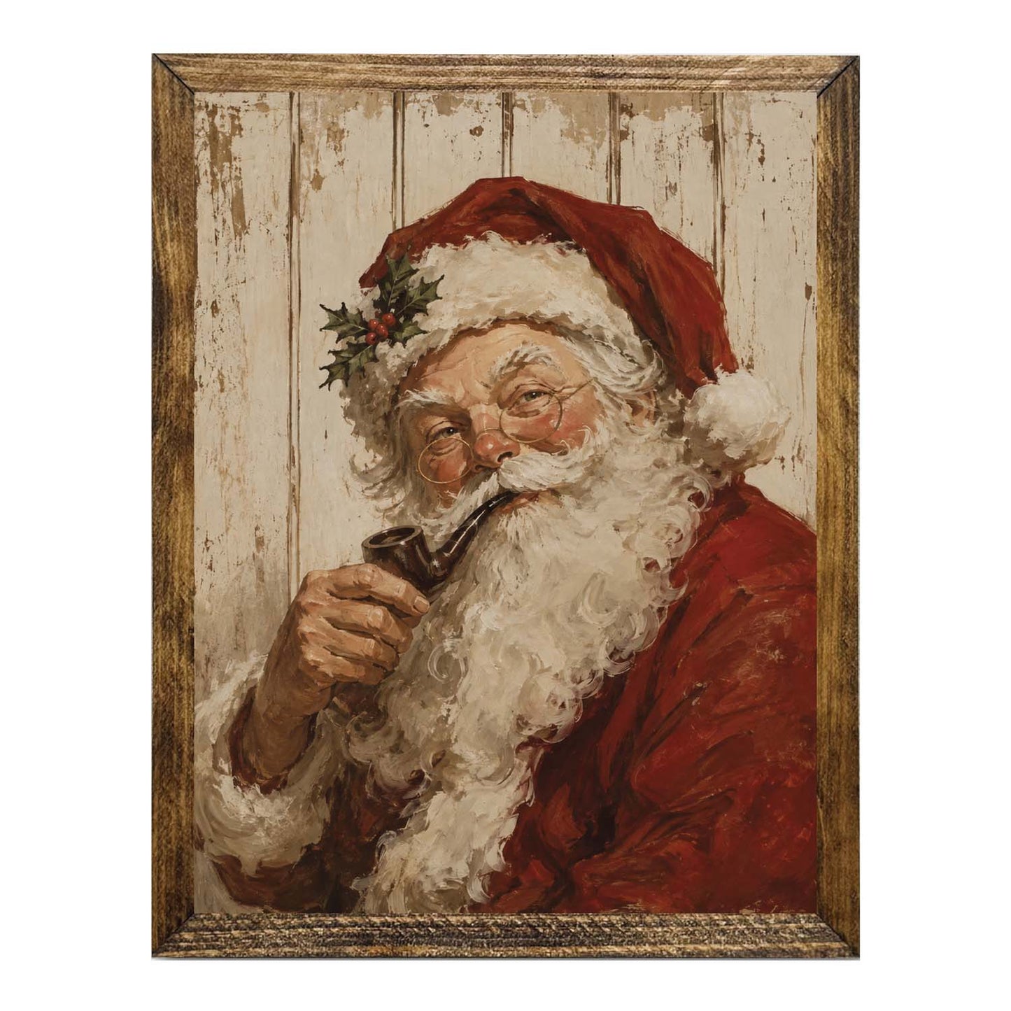 Vintage Santa Claus Wall Art – Rustic Christmas Pipe Portrait