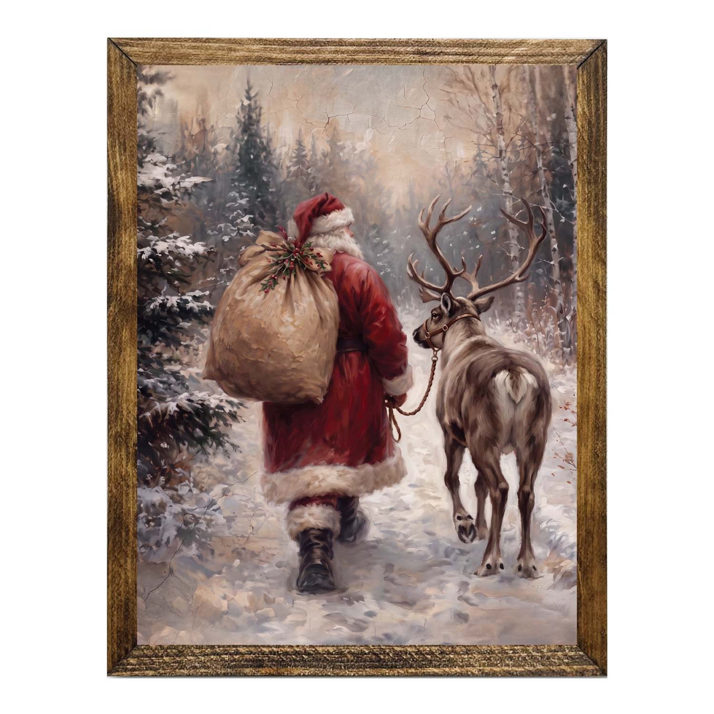 Santa & Reindeer in Snow Wall Art – Vintage Christmas Winter Print