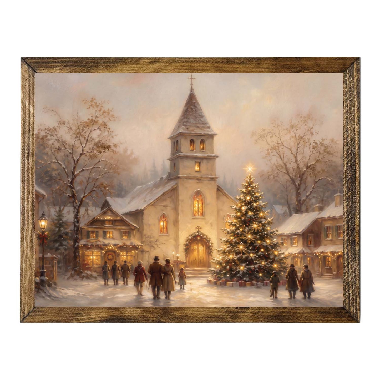 Vintage Christmas Village Wall Art – Snowy Church & Christmas Tree Print