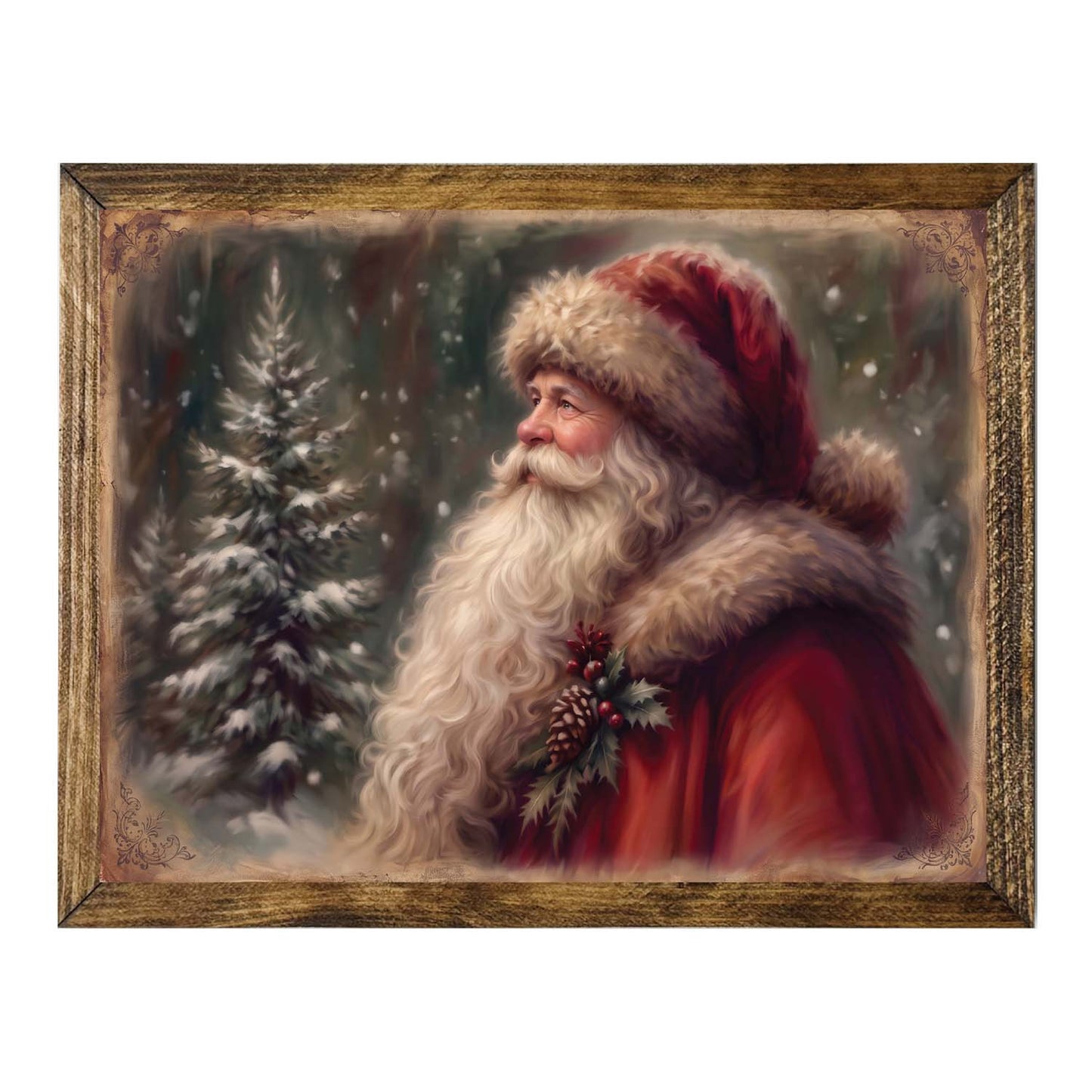 Vintage Santa Claus Wall Art – Classic Christmas Portrait & Snowy Pine