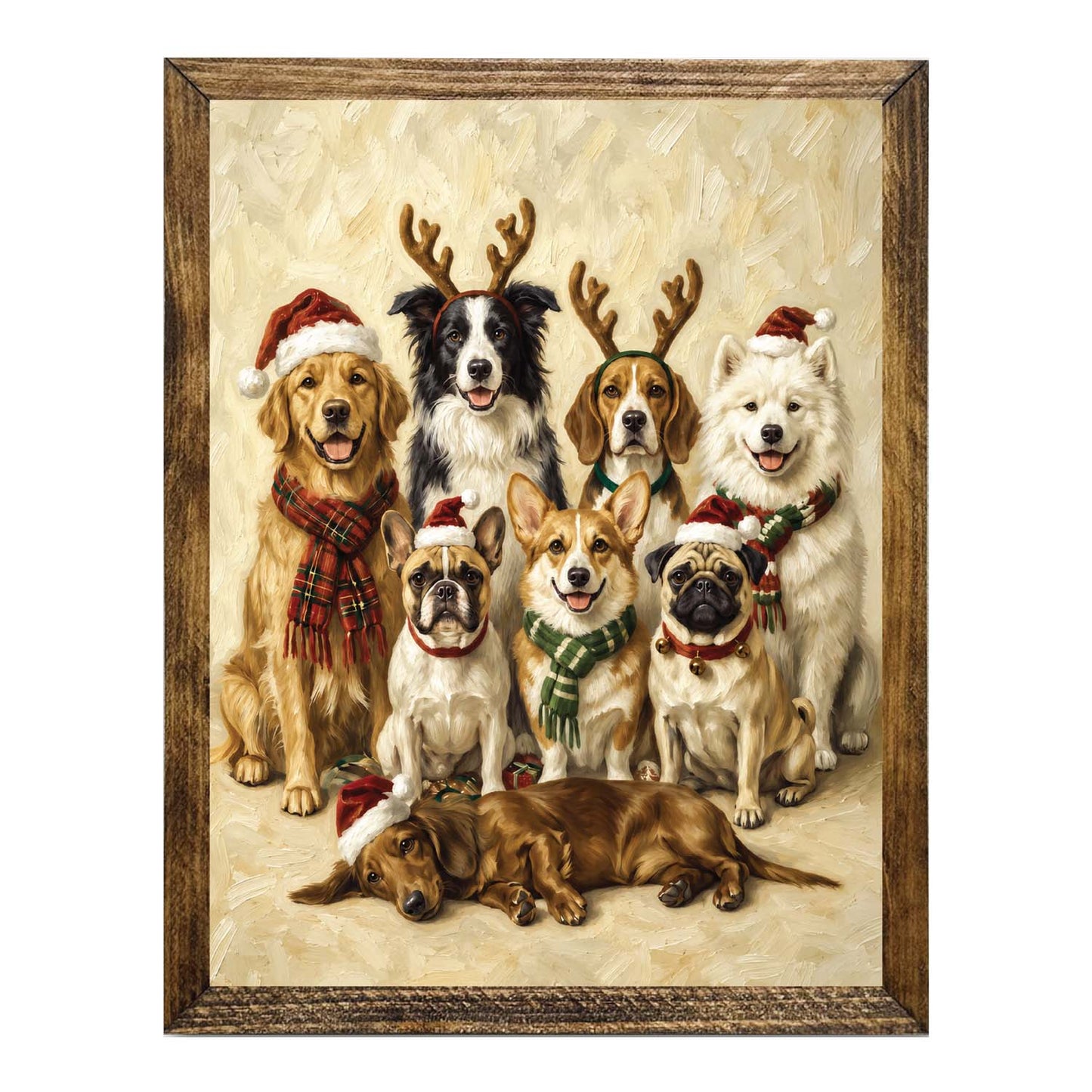 Christmas Dogs Wall Art – Festive Reindeer Antlers & Santa Hats Print