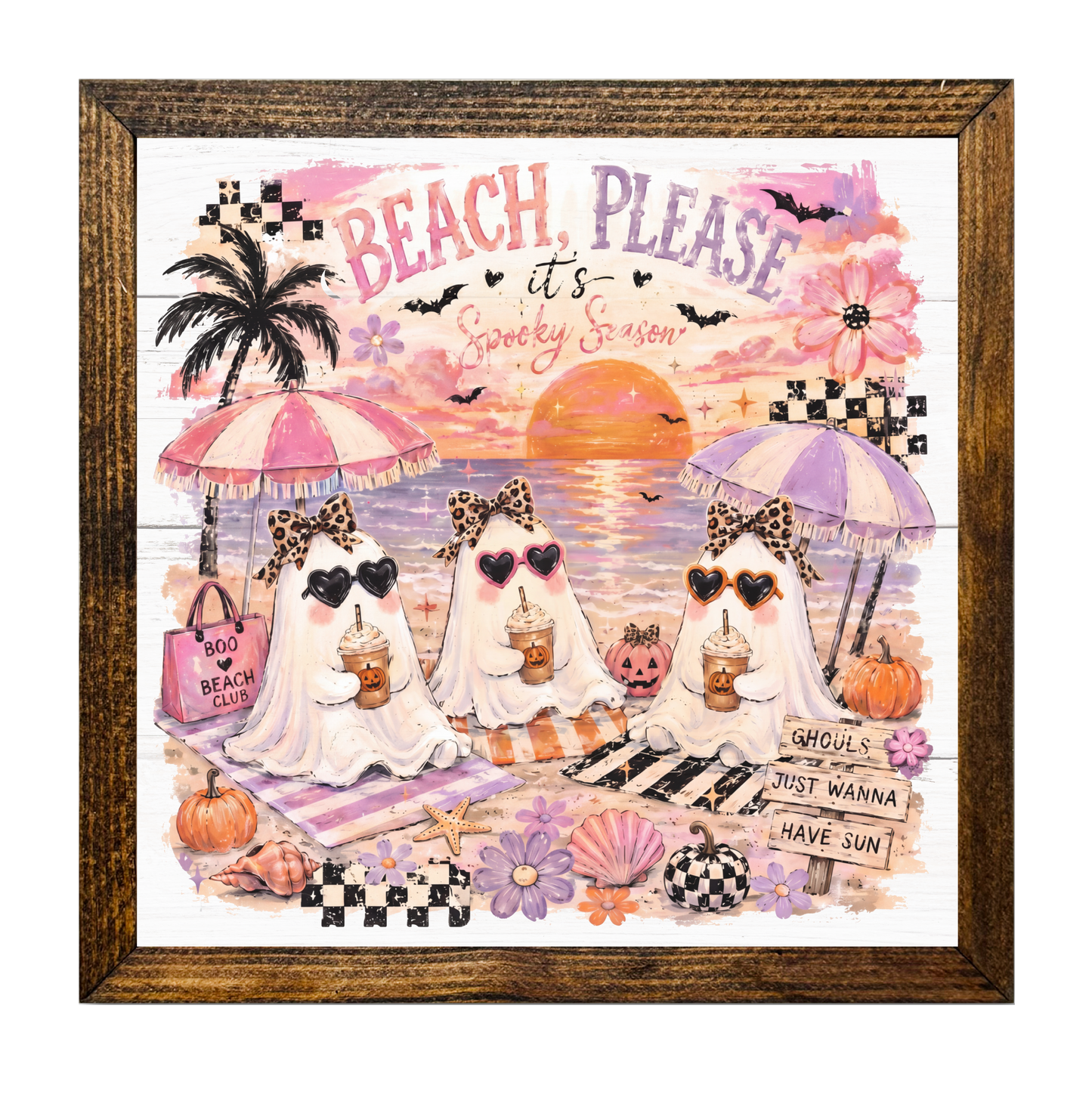 Stylized Ghosts with Leopard Print Bows Beach