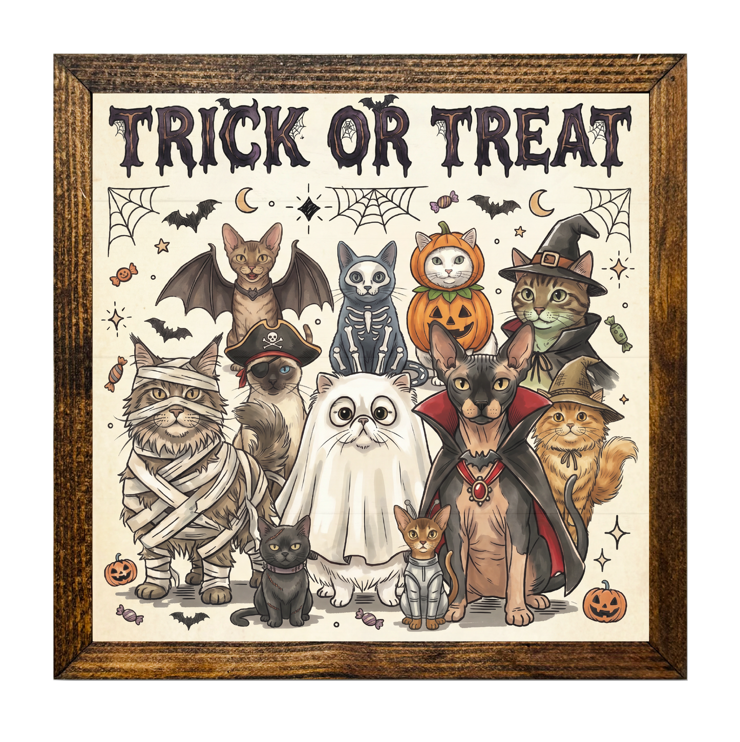 Trick or Treat Black Cats Halloween Costume Scene with Pumpkins and Spiderwebs