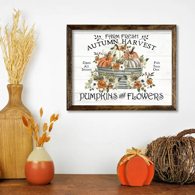 TIMBERLAND FRAME AUTUMN HARVEST PUMPKINS AND FLOWERS