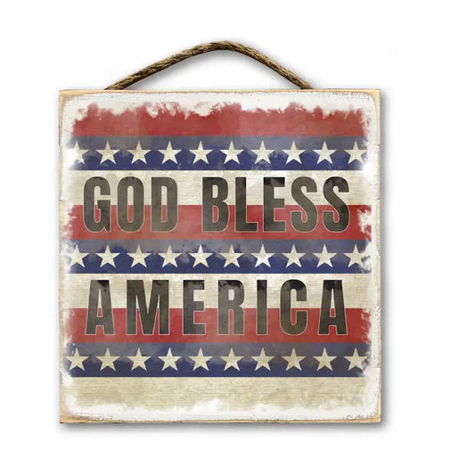 HANGING SLAT SIGN GOD BLESS AMERICAN GRUNGE RED WHITE BLUE