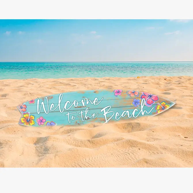 SURF BOARD WALL ACCENT WELCOME TO THE BEACH TEAL HIBISCUS