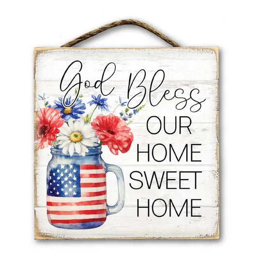HANGING SLAT SIGN GOD BLESS OUR HOME MASON JAR FLAG FLOWERS