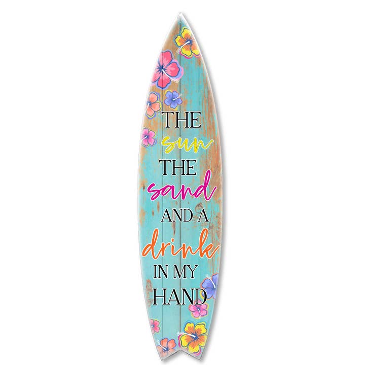 MINI 23" SURF BOARD WALL ACCENT SUN SAND DRINK (TEAL WOOD)