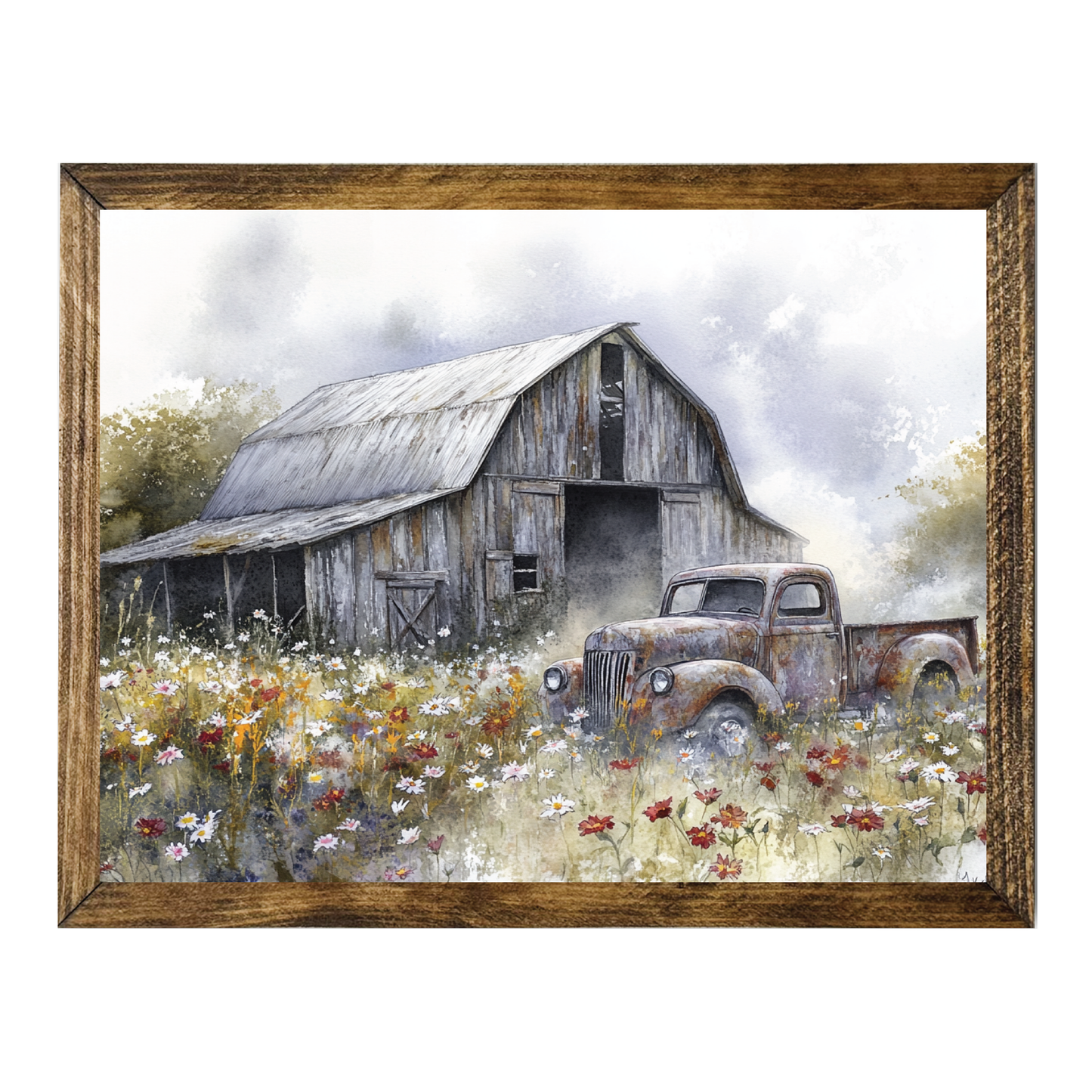 TIMBERLAND FRAME BARN AND VINTAGE TRUCK IN WILDFLOWER FIELD