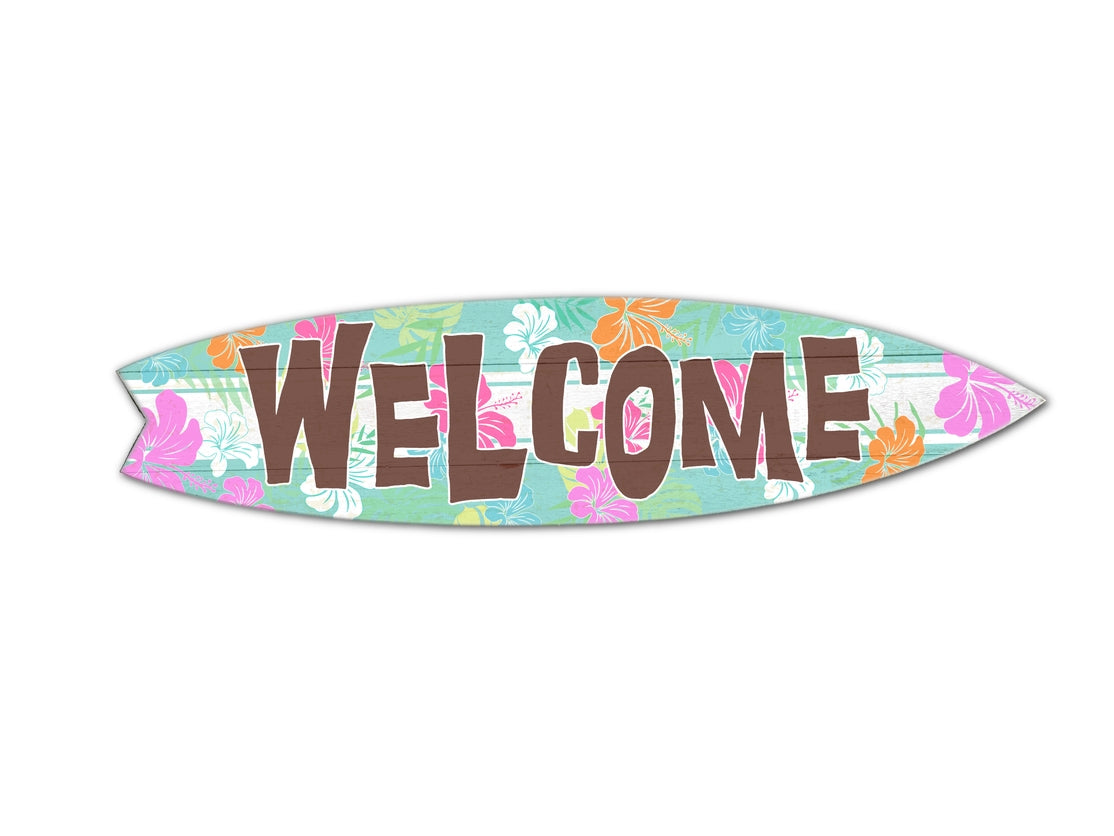 SURF BOARD WALL ACCENT WELCOME HIBISCUS TEAL