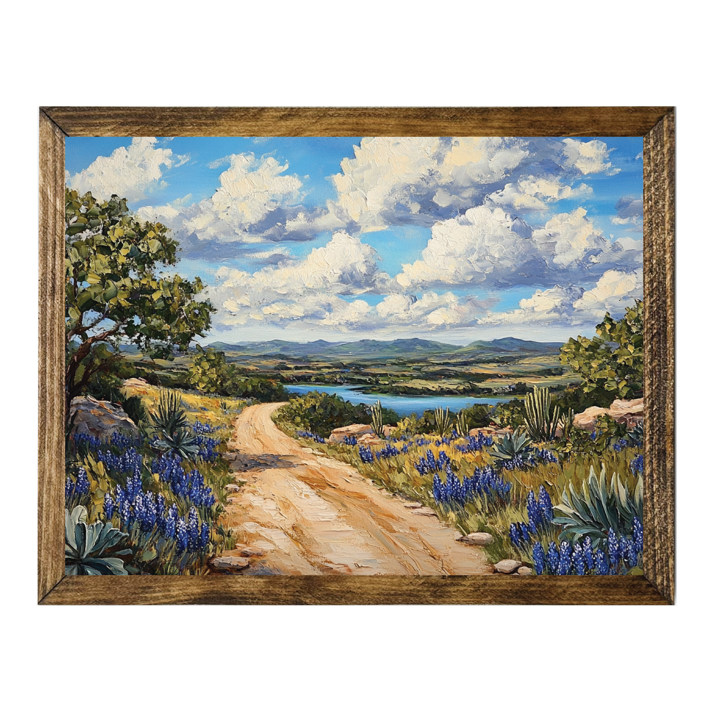 TIMBERLAND FRAME TEXAS HILL COUNTRY ROAD WITH BLUEBONNETS