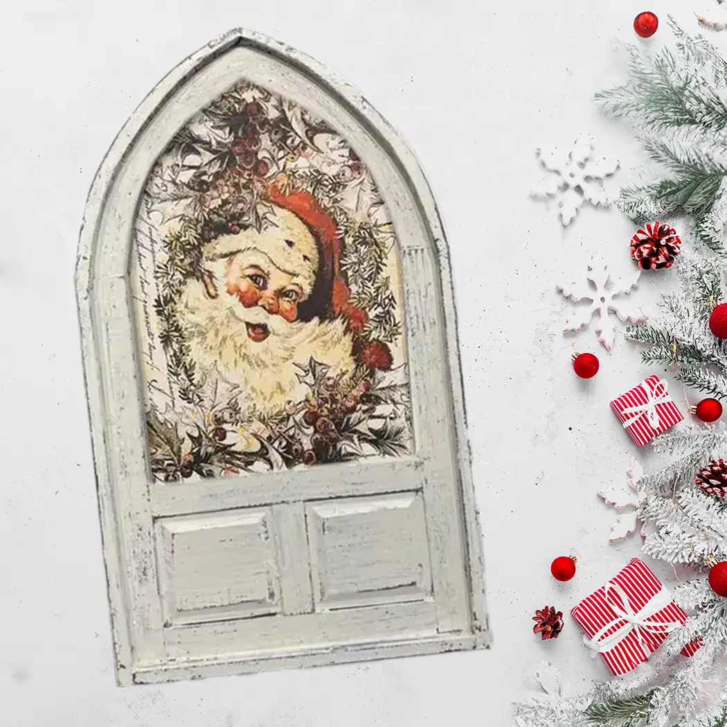 Small Arched Vintage Santa Wall Accent in Full Color