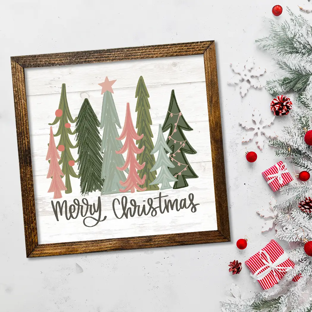 TIMBERLAND FRAME MERRY CHRISTMAS TREES PINK AND GREEN