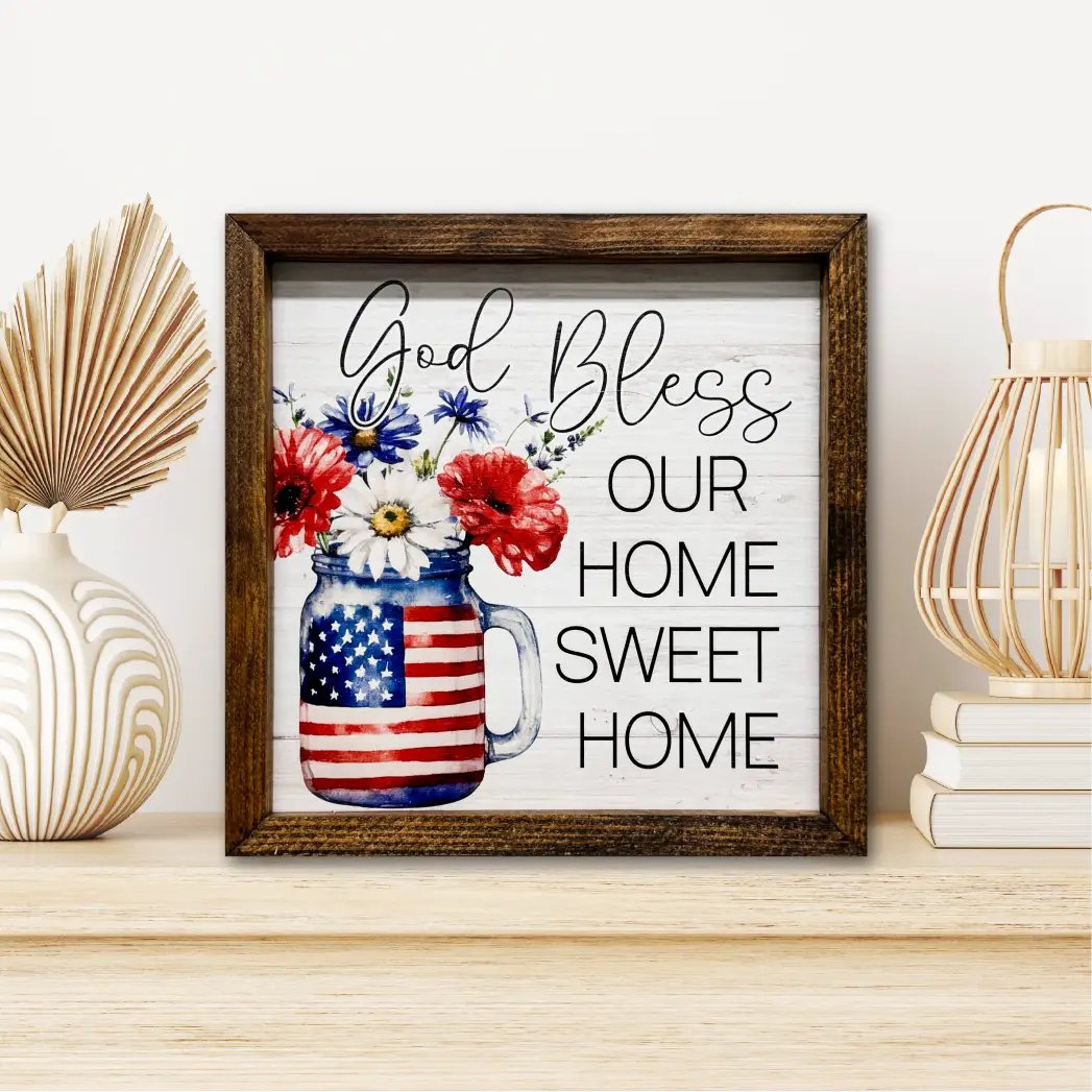 TIMBERLAND FRAME GOD BLESS HOME MASON JAR FLAG FLOWERS