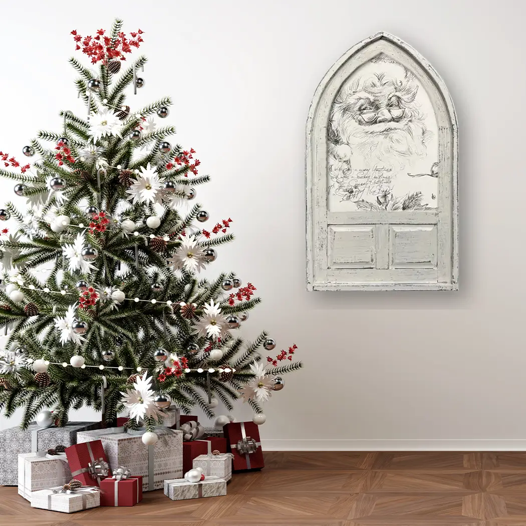 Small Arched Framed Canvas Vintage Santa Wall Accent