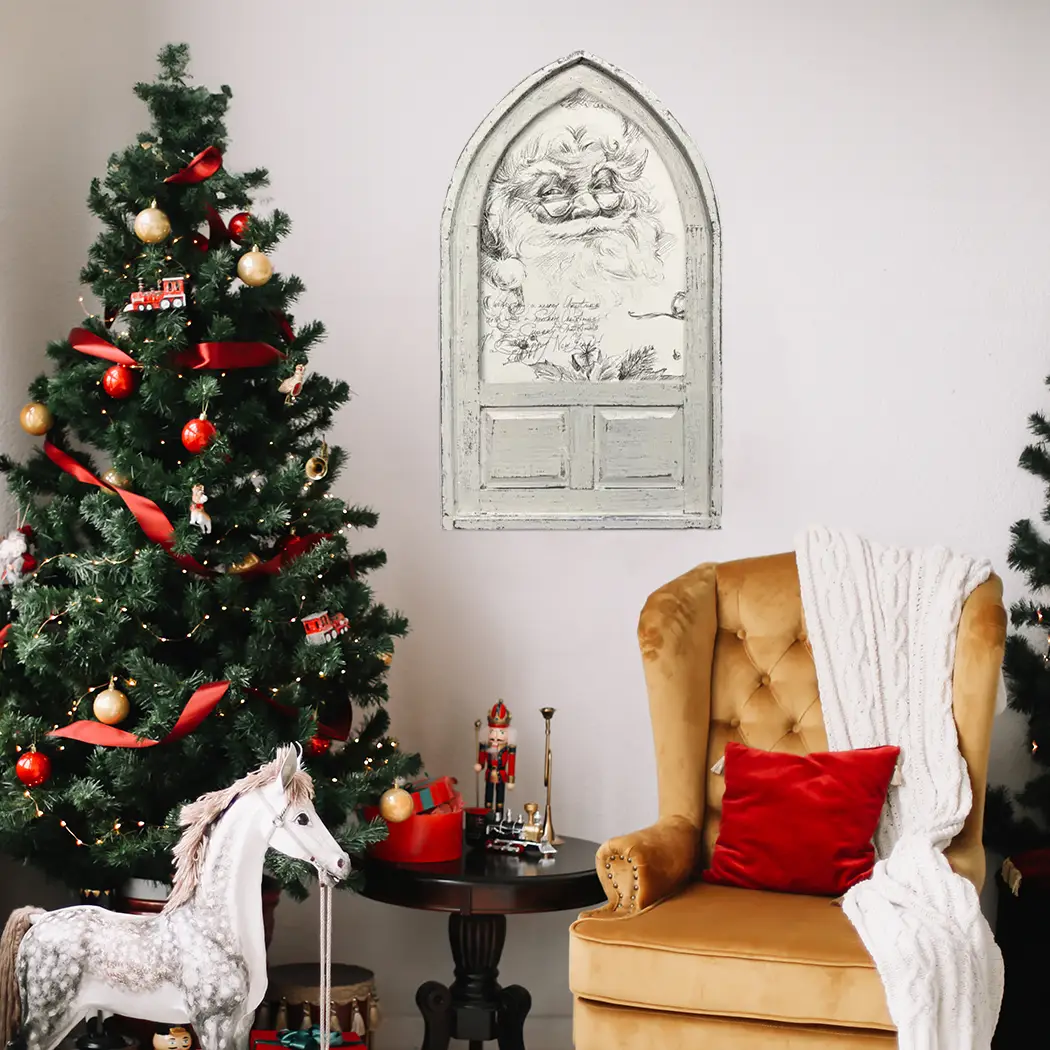 Small Arched Framed Canvas Vintage Santa Wall Accent
