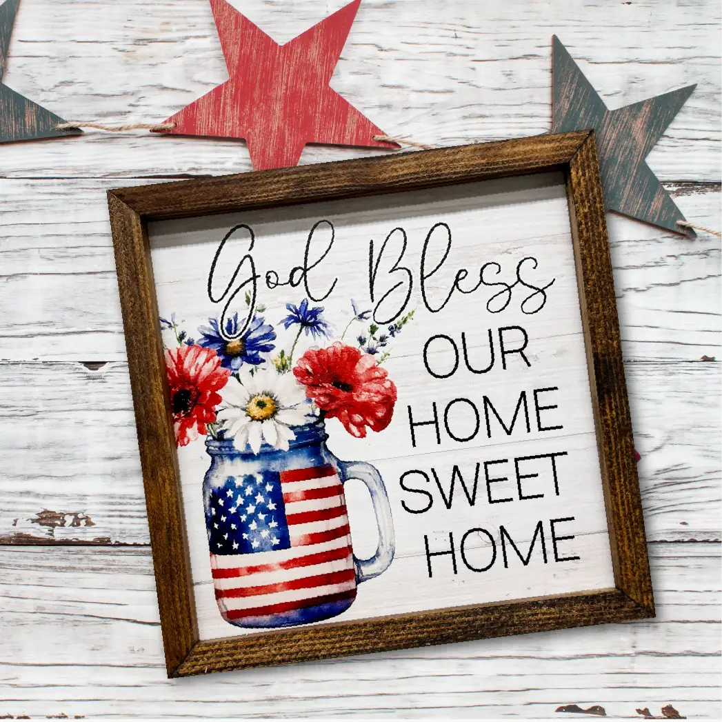 TIMBERLAND FRAME GOD BLESS HOME MASON JAR FLAG FLOWERS