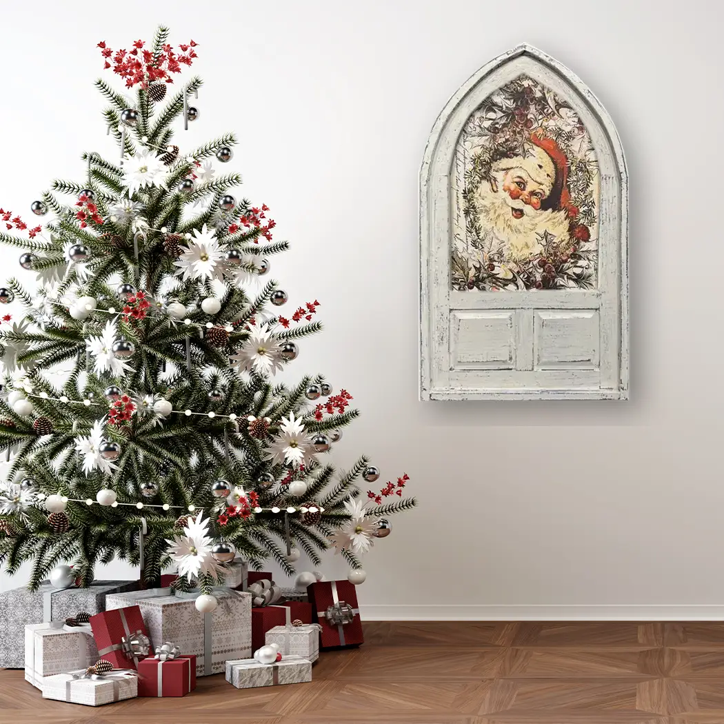 Small Arched Vintage Santa Wall Accent in Full Color