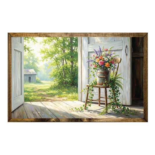 TIMBERLAND FRAME OIL PAINTING FLORAL METAL CAN IN BARN