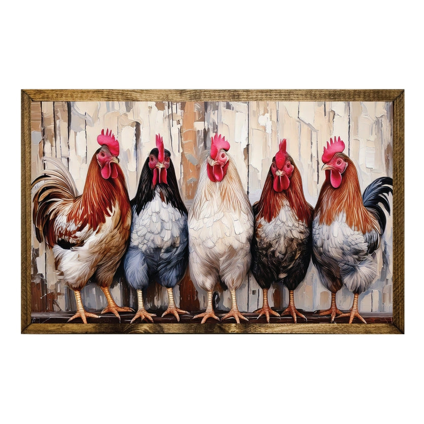 TIMBERLAND FRAME ROOSTERS STANDING TOGETHER ON BACKGROUND