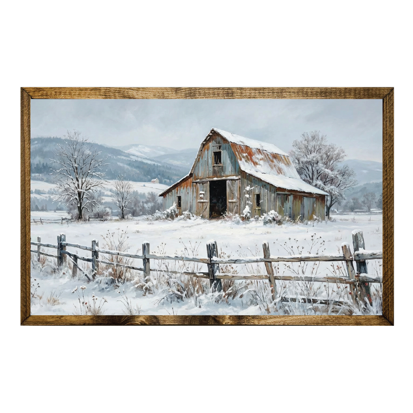 TIMBERLAND FRAME OIL PAINTING BARN FIELD WINTER