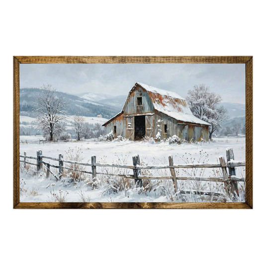 TIMBERLAND FRAME OIL PAINTING BARN FIELD WINTER