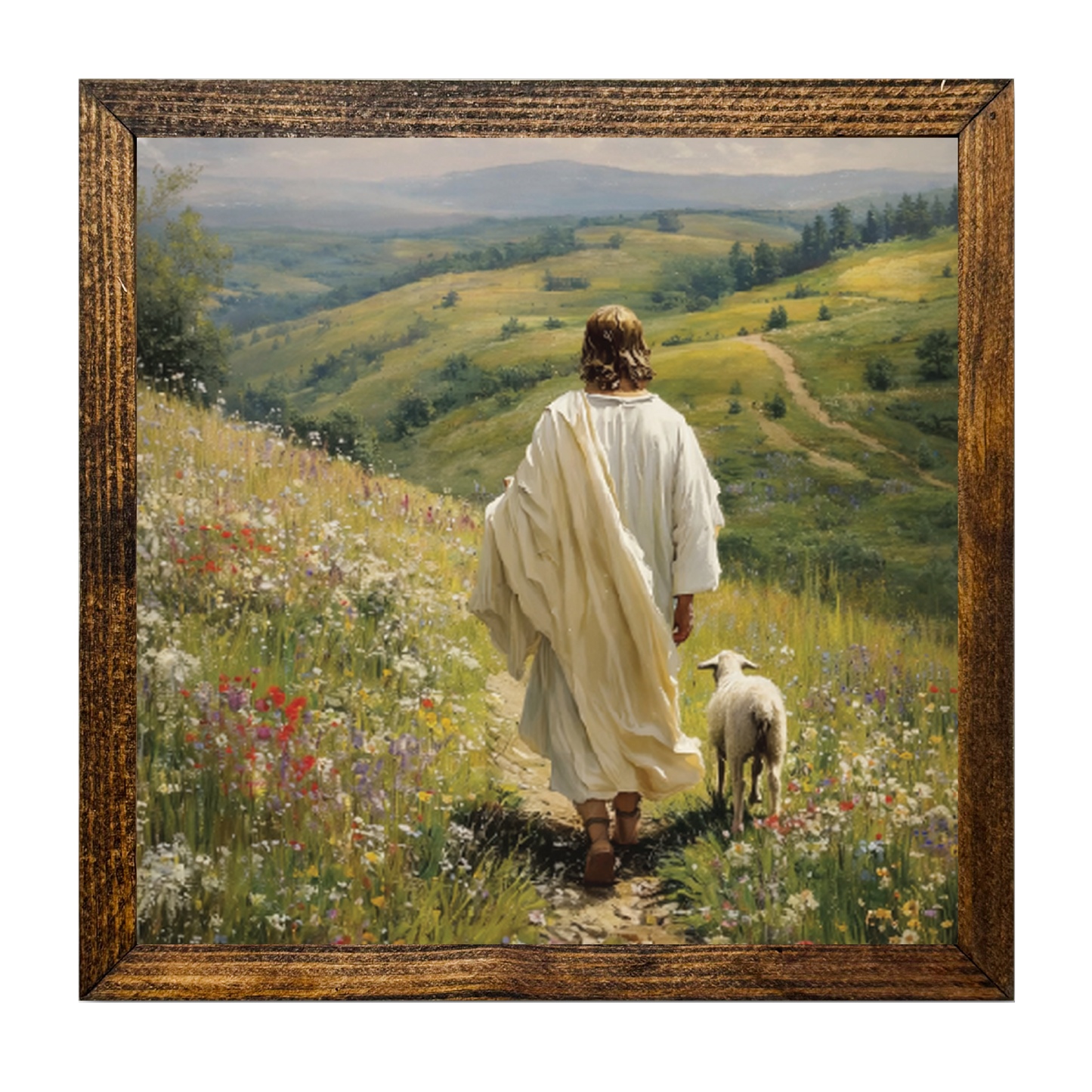 TIMBERLAND FRAME JESUS WALKING ALONGSIDE A LAMB IN SPRING