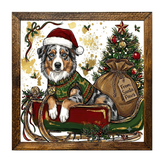 Australian Shepherd Santa Sleigh Christmas Wall Art