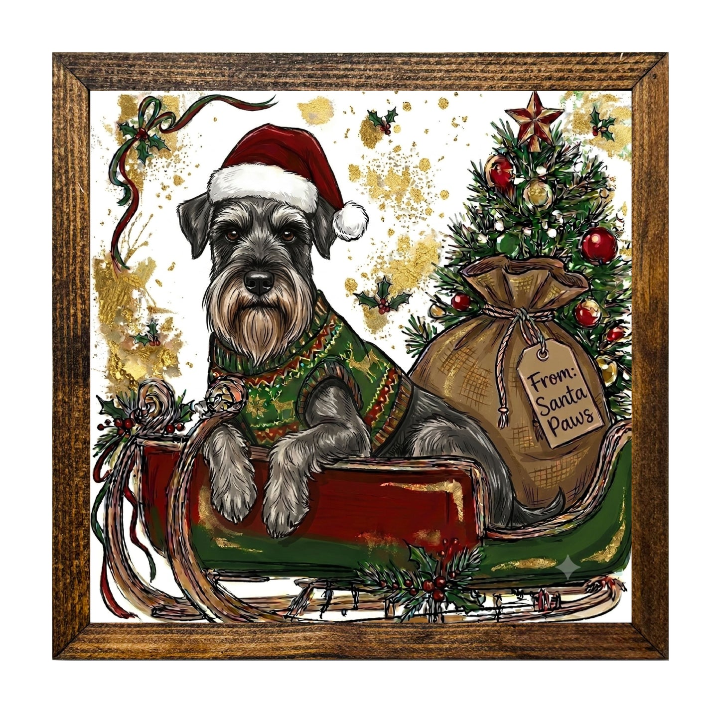 Miniature Schnauzer Santa Paws Christmas Sleigh Wall Art