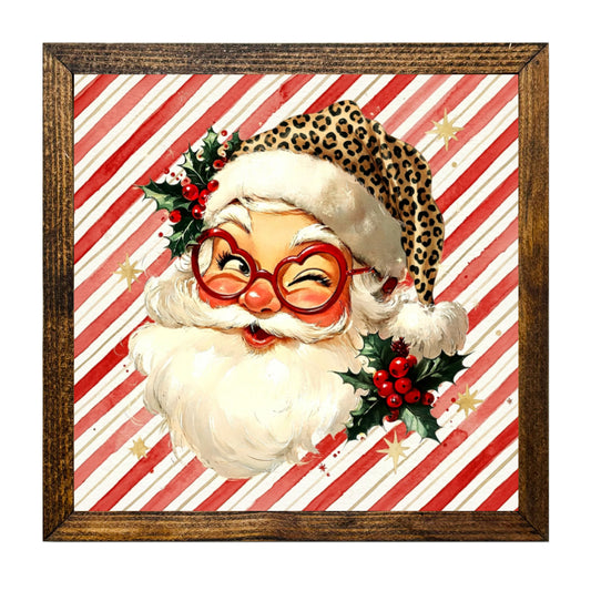 Vintage Winking Santa Leopard Print Christmas Wall Art