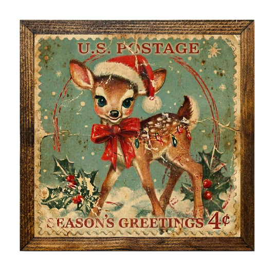 Vintage Christmas Fawn Postage Stamp Wall Art