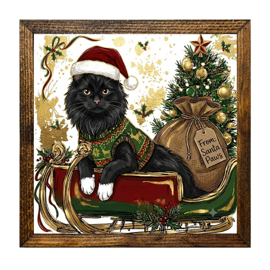 Black Cat Santa Paws Christmas Sleigh Wall Art