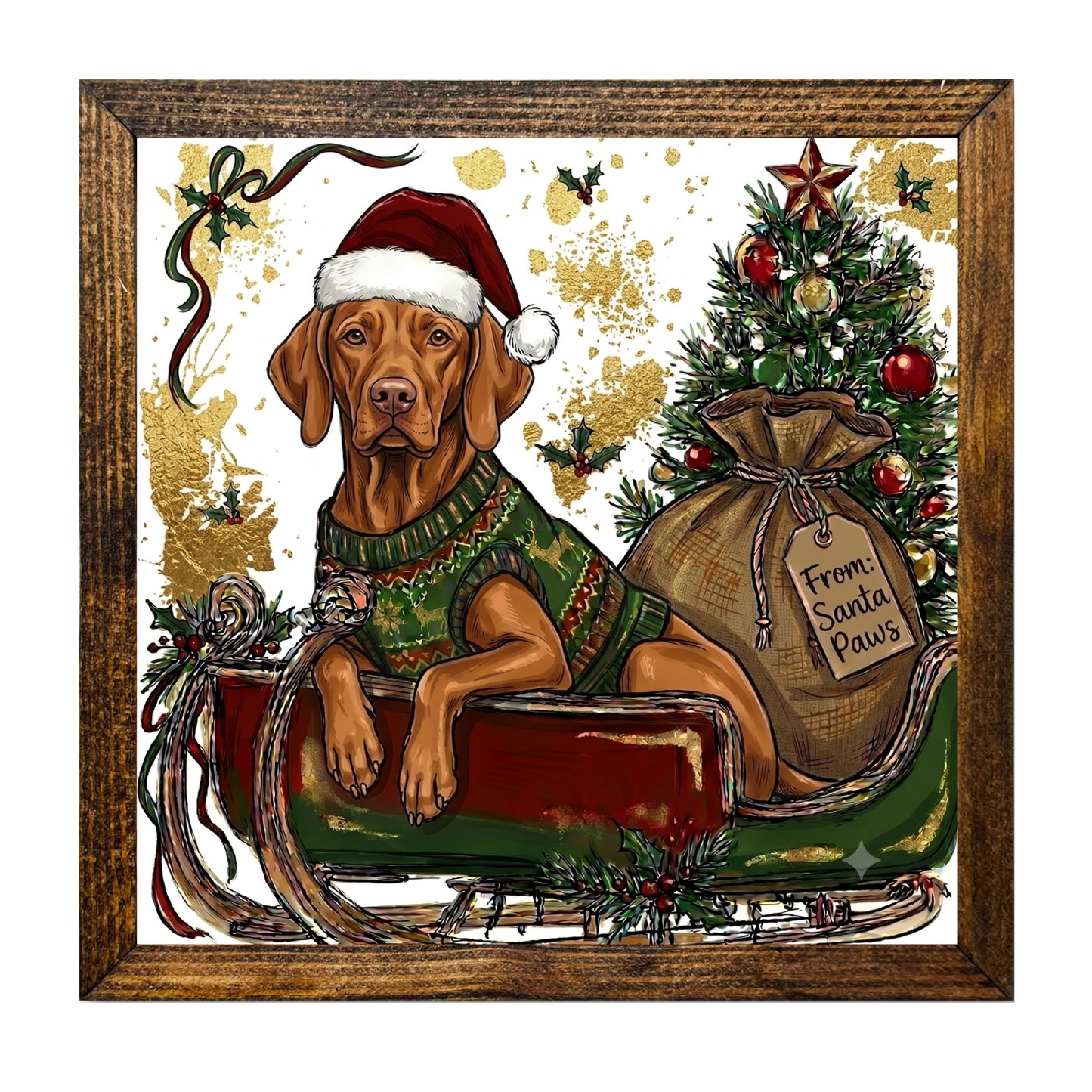 Red Vizsla Santa Christmas Sleigh Wall Art