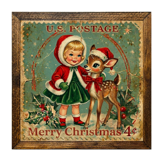Vintage Girl & Reindeer Christmas Postage Stamp Wall Art