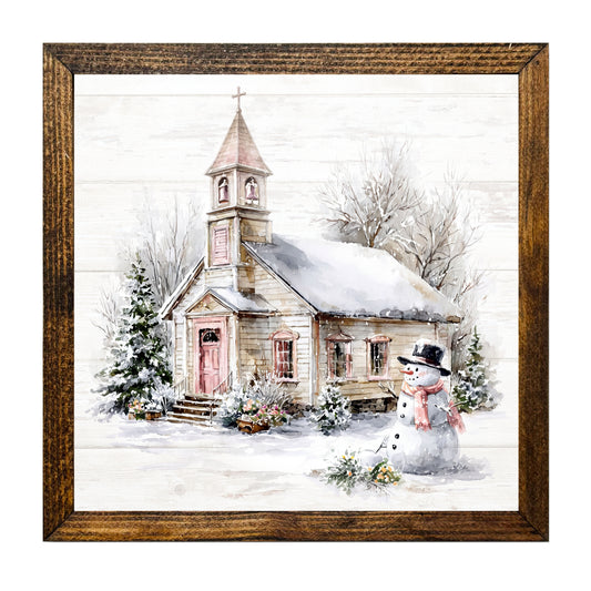 Rustic Snowy Chapel & Snowman Christmas Wall Art