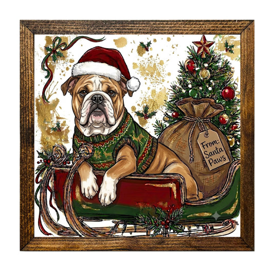 English Bulldog Santa Paws Christmas Sled Wall Art