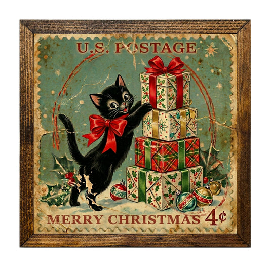 Vintage Black Cat Christmas Postage Stamp Wall Art