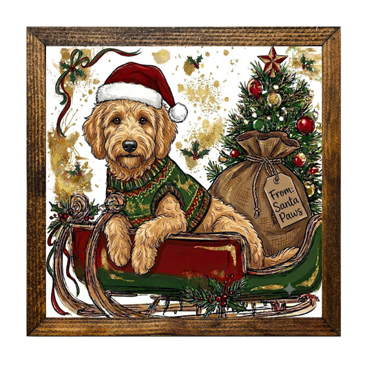 Goldendoodle Puppy Santa Christmas Sleigh Wall Art