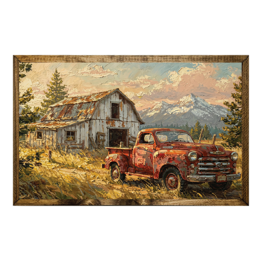 TIMBERLAND FRAME RUSTED BARN RED TRUCK MOUNTAINS OIL PAINT