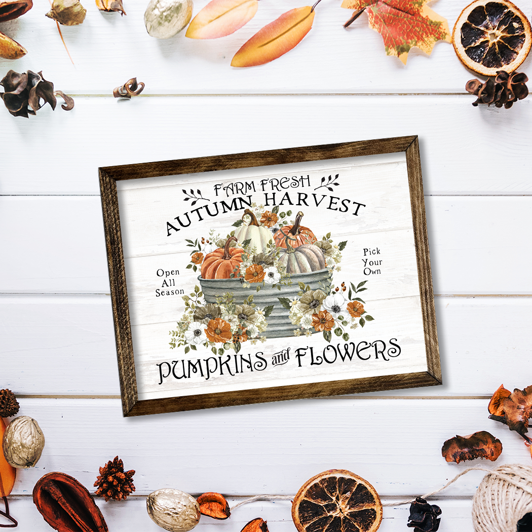 TIMBERLAND FRAME AUTUMN HARVEST PUMPKINS AND FLOWERS